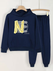 2pcs Letter Print Hooded Outfit For Girls Hoodie & Pants Set