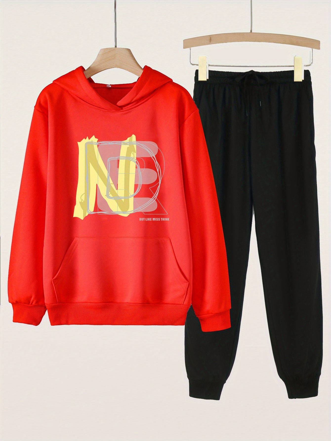 2pcs Letter Print Hooded Outfit For Girls Hoodie & Pants Set