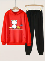 Girls Cat Print Hoodie & Sweatpants Set for Spring/Autumn