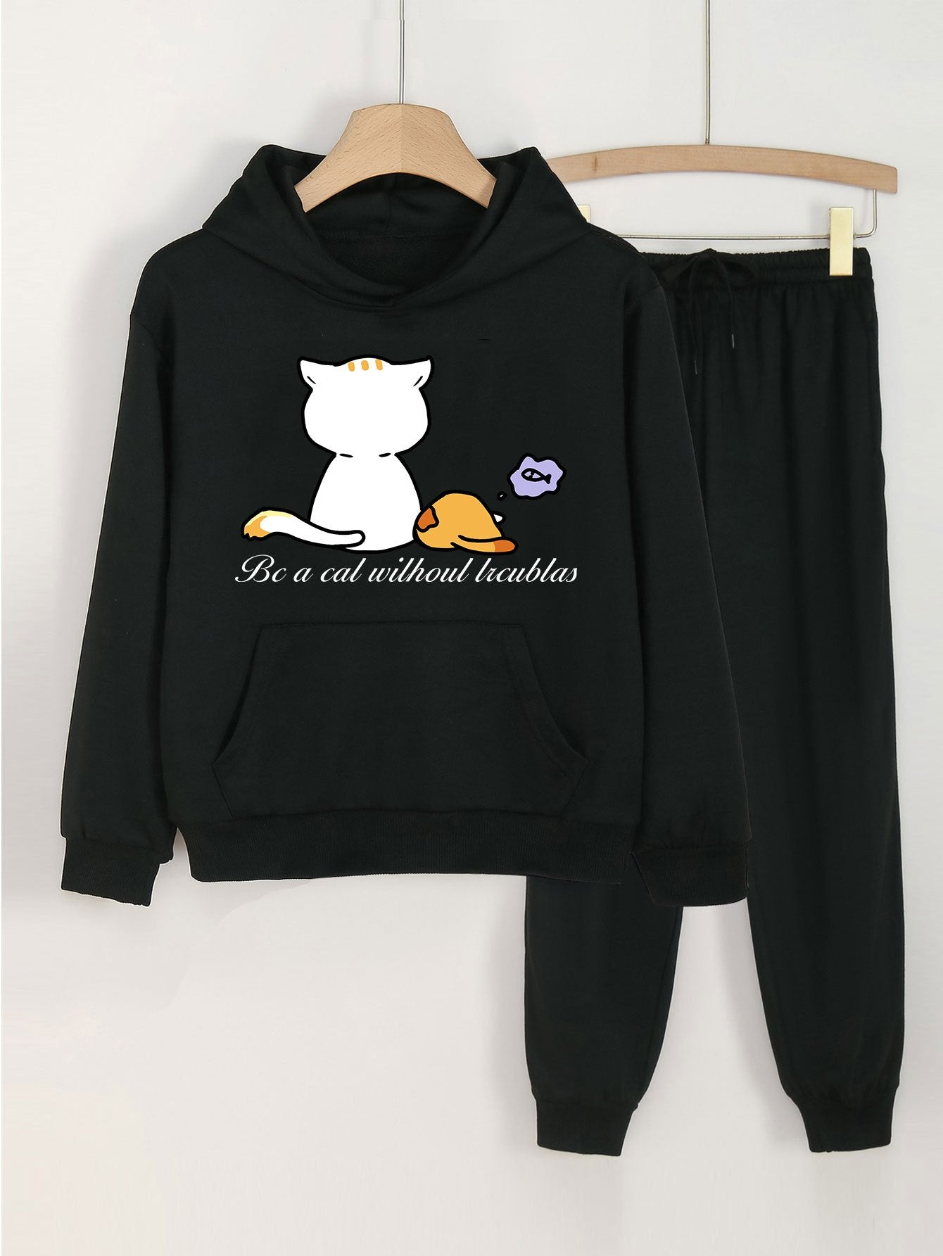 Girls Cat Print Hoodie & Sweatpants Set for Spring/Autumn