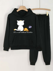 Girls Cat Print Hoodie & Sweatpants Set for Spring/Autumn