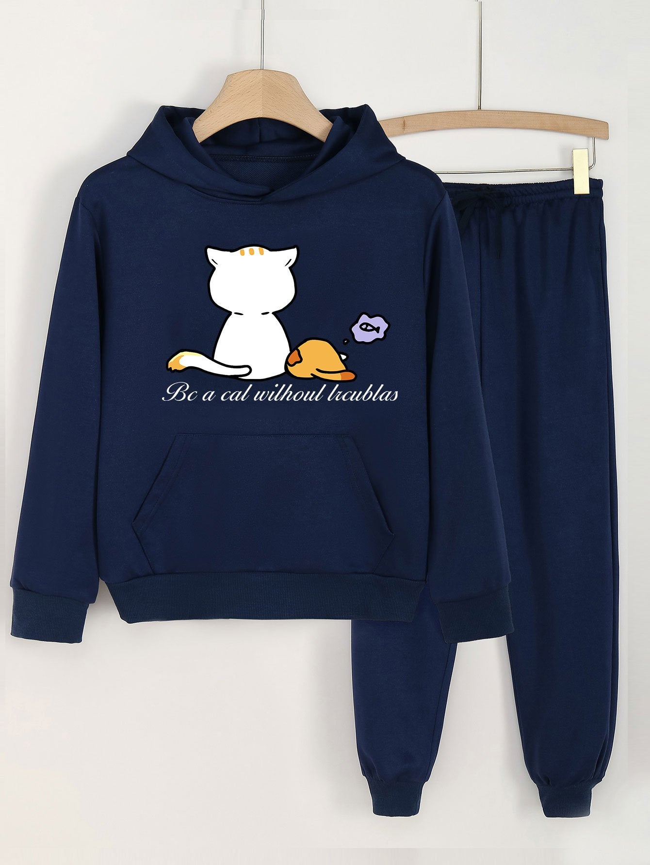 Girls Cat Print Hoodie & Sweatpants Set for Spring/Autumn