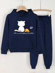 Girls Cat Print Hoodie & Sweatpants Set for Spring/Autumn