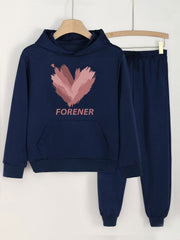 Girls Forener Print Hoodie Pullover Sweatshirt & Solid Sweatpants Set