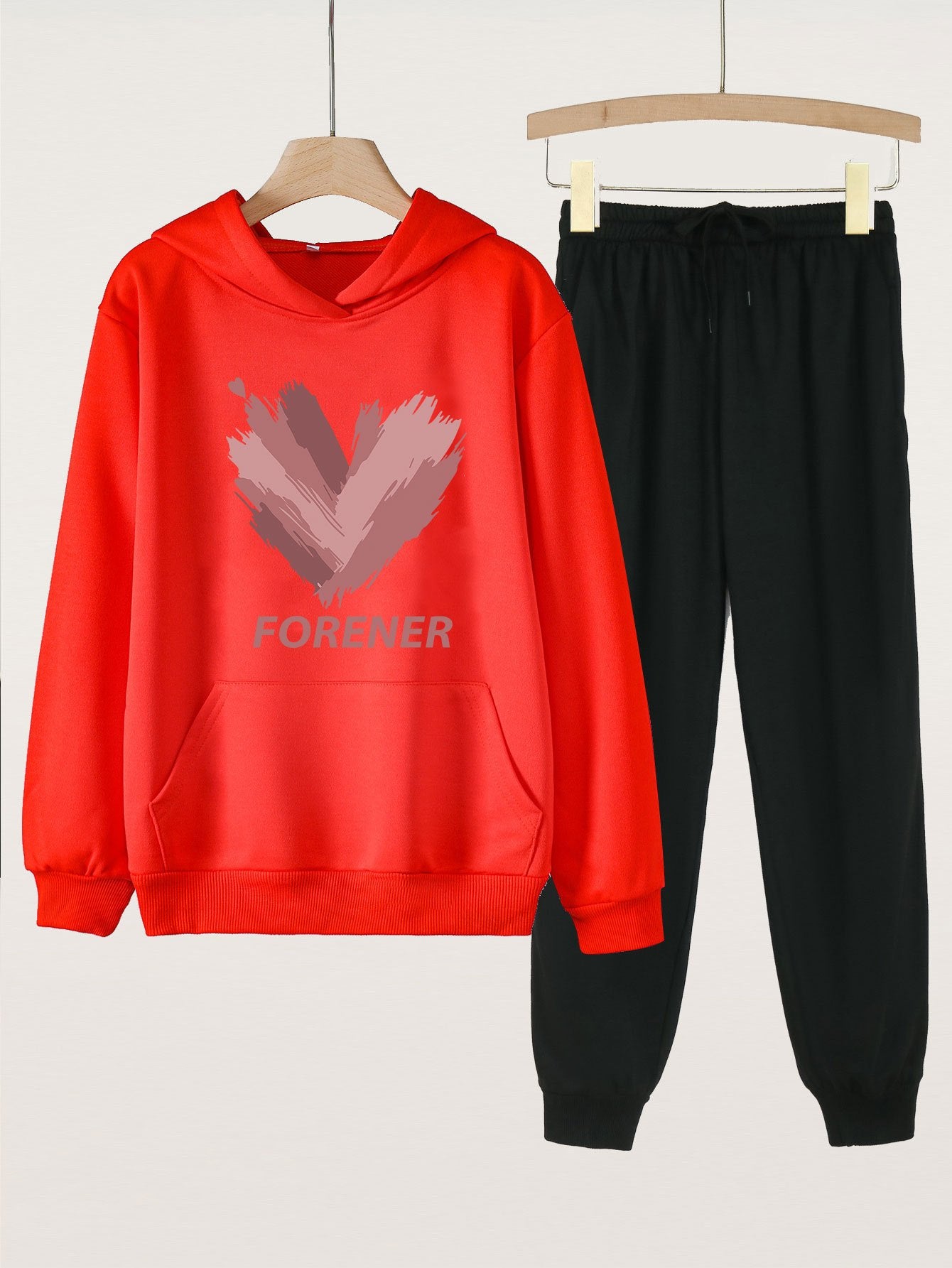 Girls Forener Print Hoodie Pullover Sweatshirt & Solid Sweatpants Set