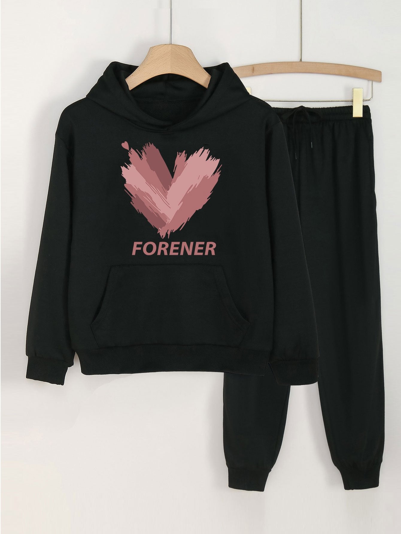 Girls Forener Print Hoodie Pullover Sweatshirt & Solid Sweatpants Set