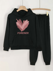Girls Forener Print Hoodie Pullover Sweatshirt & Solid Sweatpants Set