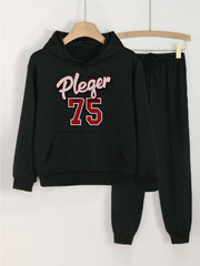 2pcs Pleger 190 Print Hooded Outfit For Girls Hoodie & Comfy Pants Set