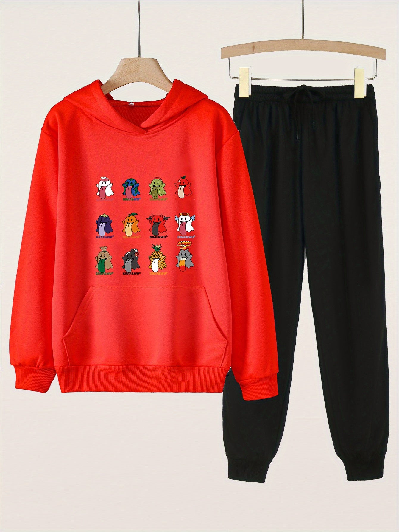 Ghost Print Hooded Outfit For Girls Hoodie & Pants Set