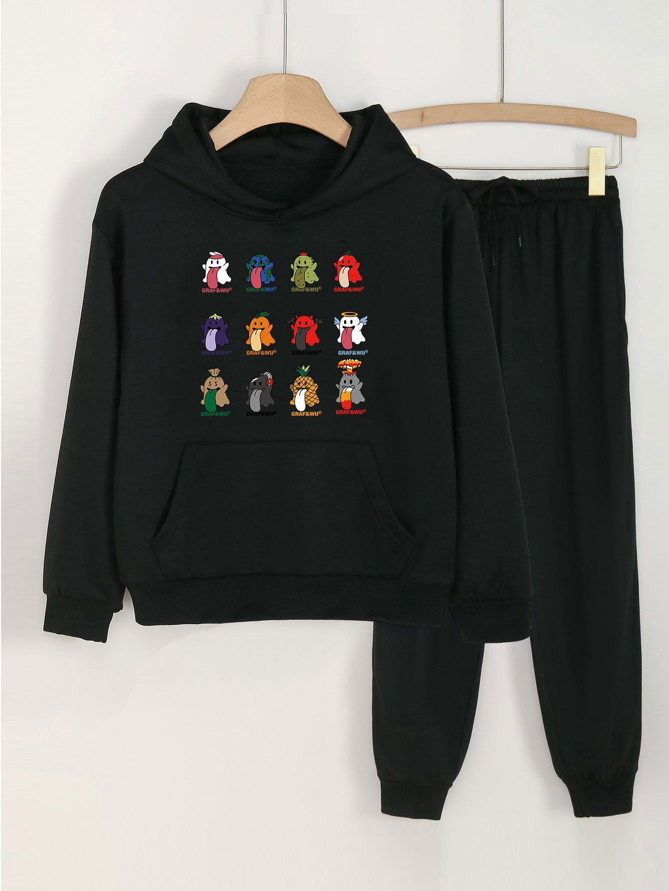 Ghost Print Hooded Outfit For Girls Hoodie & Pants Set