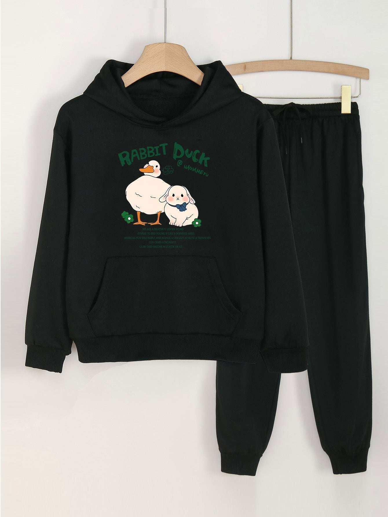 Rabbit Duck Print Hooded Outfit For Girls Hoodie & Pants Set