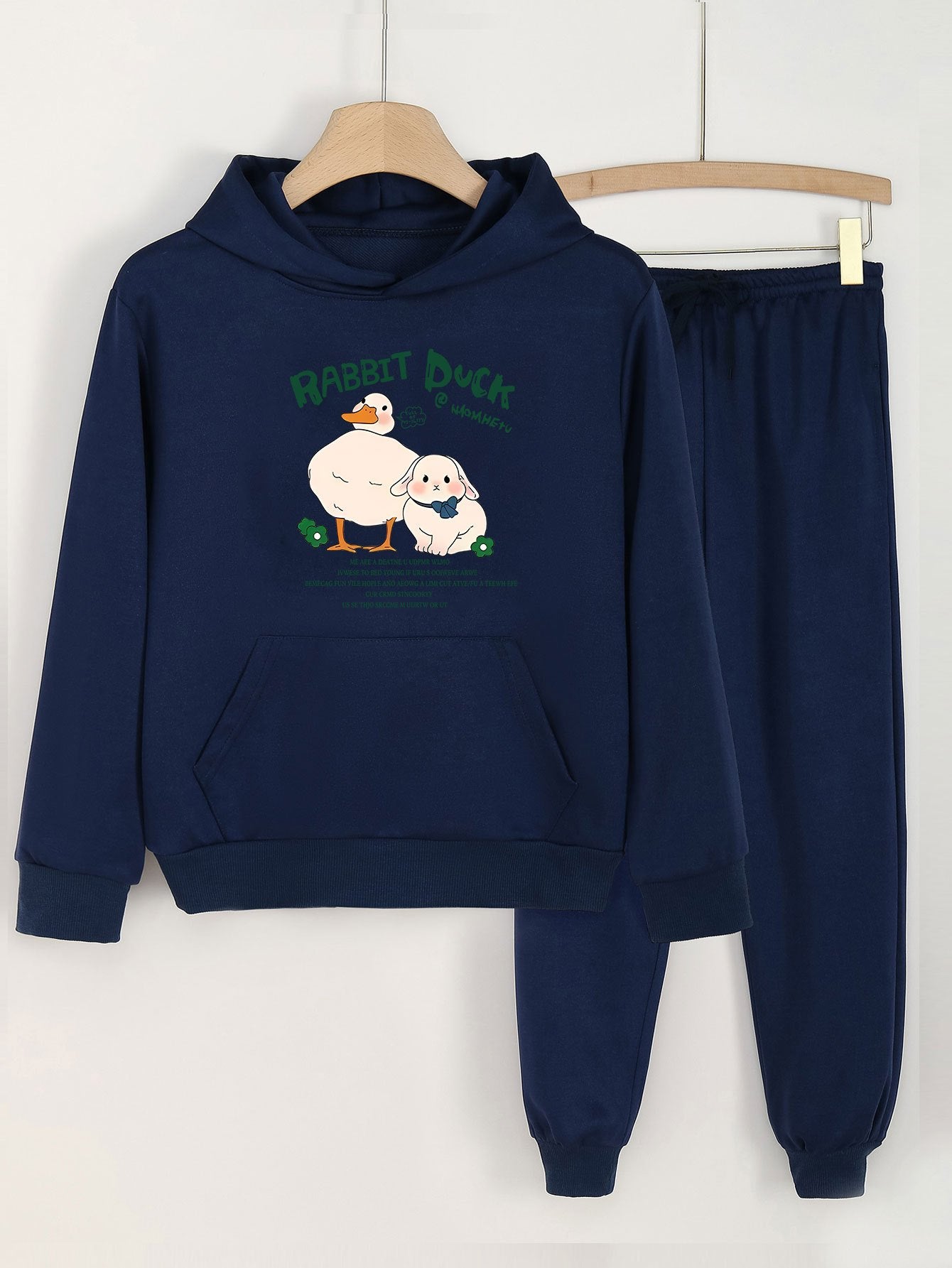 Rabbit Duck Print Hooded Outfit For Girls Hoodie & Pants Set