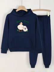 Rabbit Duck Print Hooded Outfit For Girls Hoodie & Pants Set
