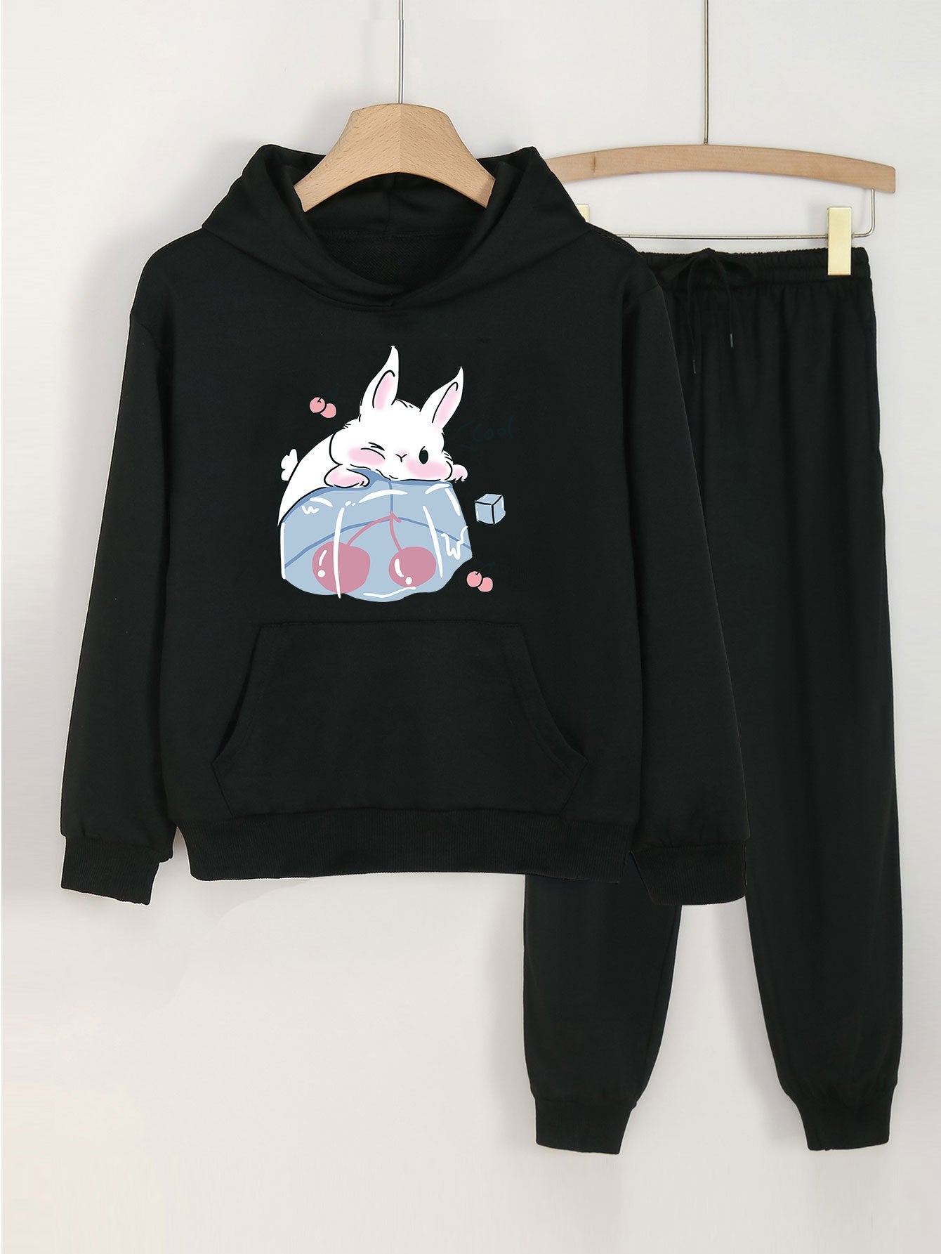 Bunny & Cherry Print Girls Hoodie & Pants Set