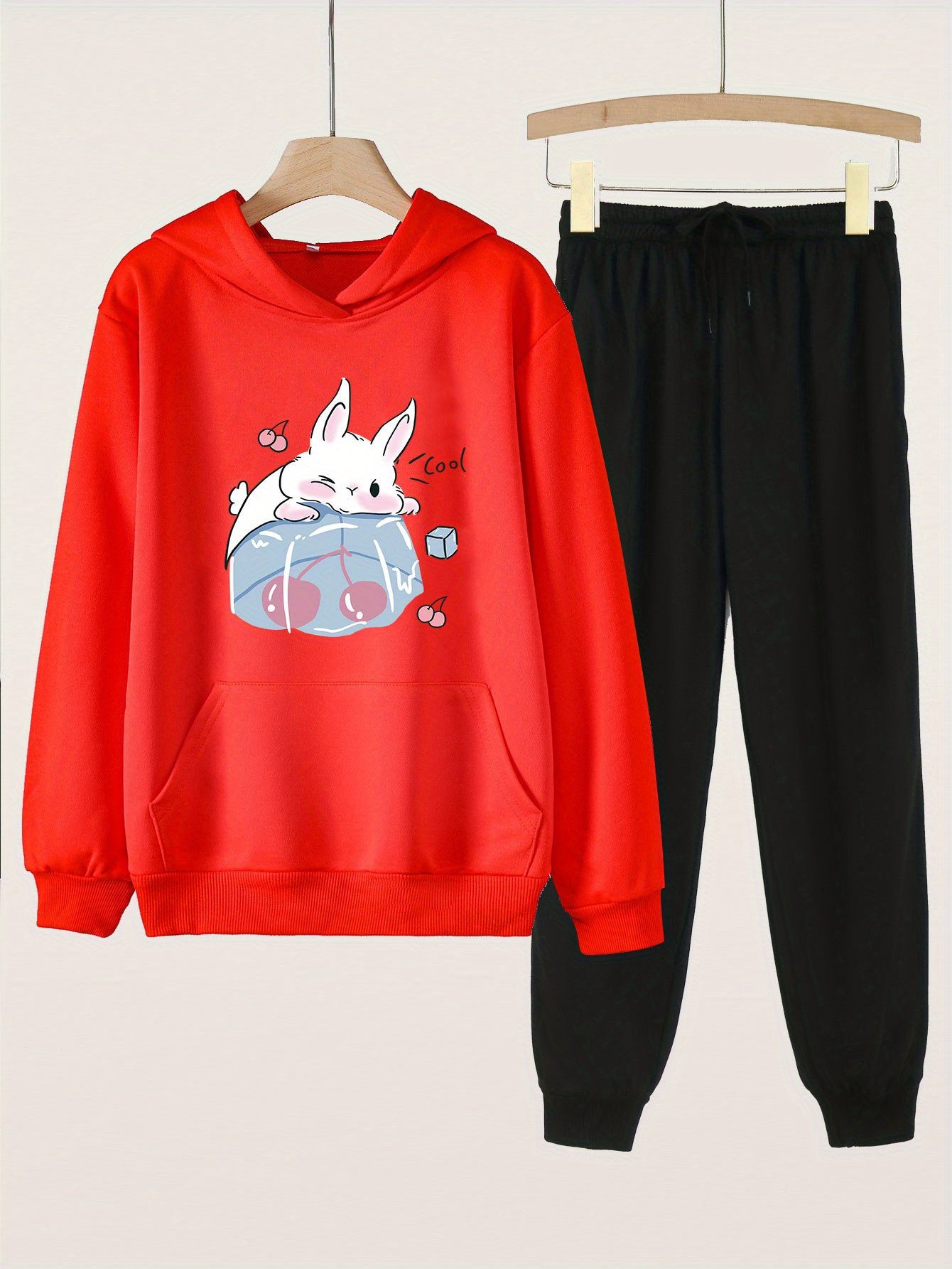 Bunny & Cherry Print Girls Hoodie & Pants Set