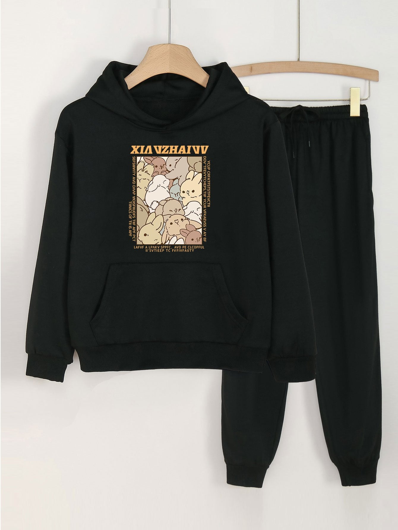 Girls Bunny Print Hoodie & Sweatpants Set for Spring/Autumn
