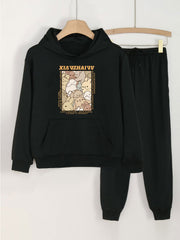 Girls Bunny Print Hoodie & Sweatpants Set for Spring/Autumn