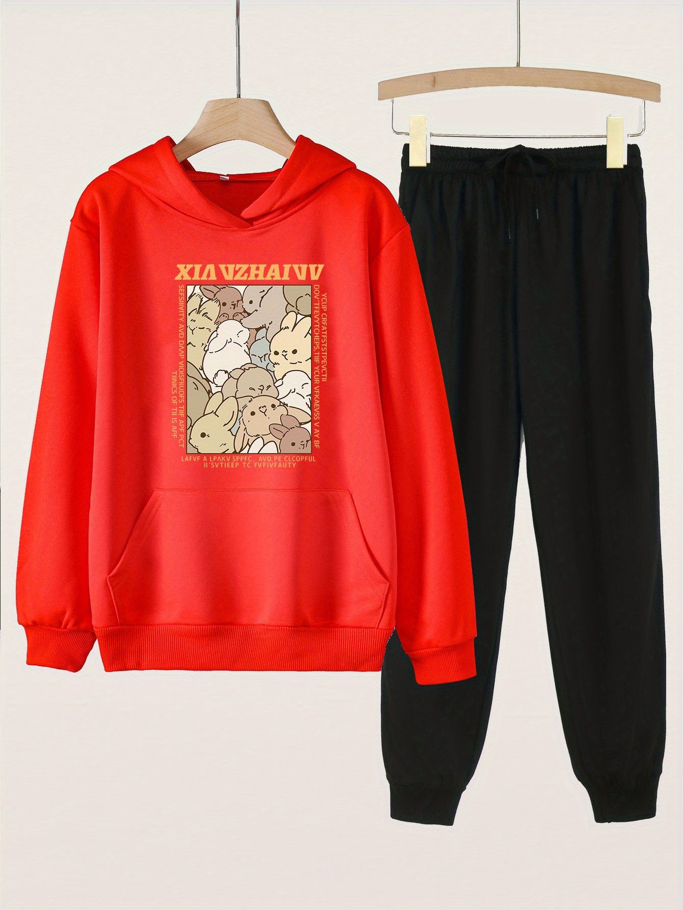 Girls Bunny Print Hoodie & Sweatpants Set for Spring/Autumn