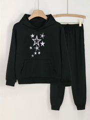 Girls Long Sleeve Hoodie & Elastic Waist Sweatpants 2pcs Stars Print Casual Kids