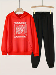 Girls Letter & Fingerprint Print Outfit Hoodie & Pants Set