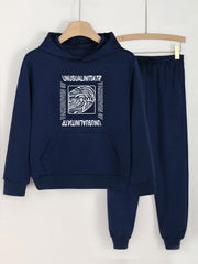 Girls Letter & Fingerprint Print Outfit Hoodie & Pants Set