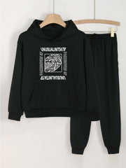 Girls Letter & Fingerprint Print Outfit Hoodie & Pants Set
