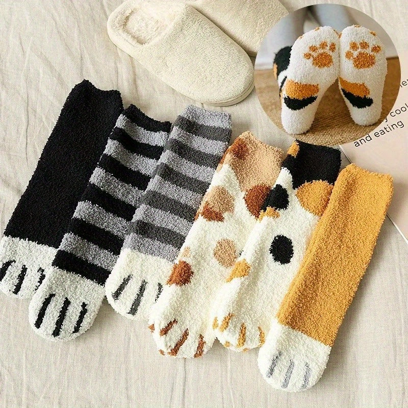 5pairs Cute Cat Paw Fluffy Socks Warm Home Slippers Floor Socks