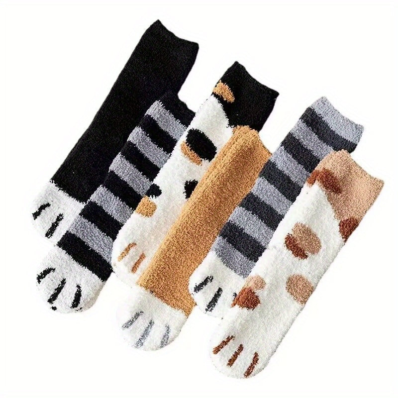 5pairs Cute Cat Paw Fluffy Socks Warm Home Slippers Floor Socks