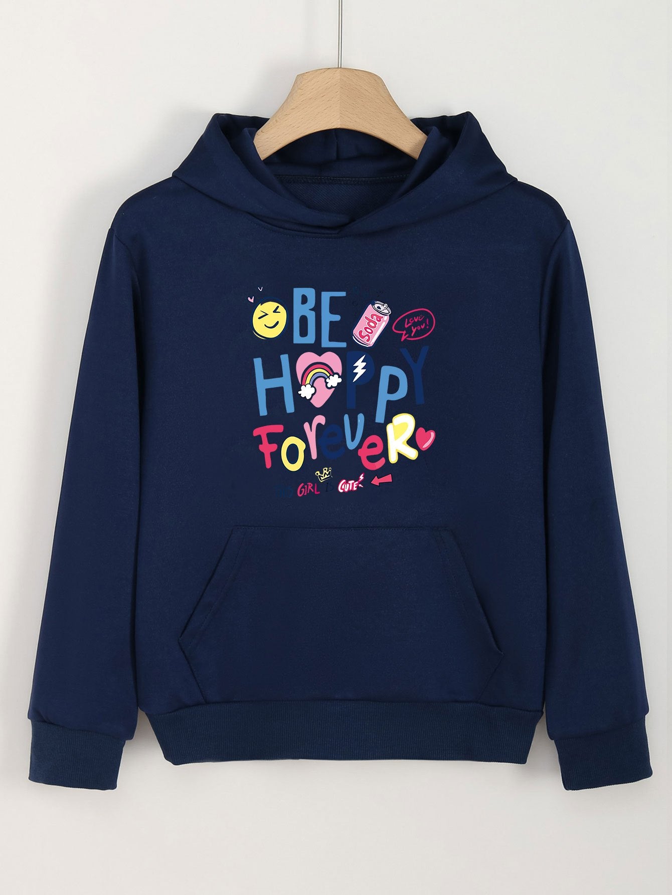 Happy Forever Print Hoodie For Girls Kids Pullover Long Sleeve Top