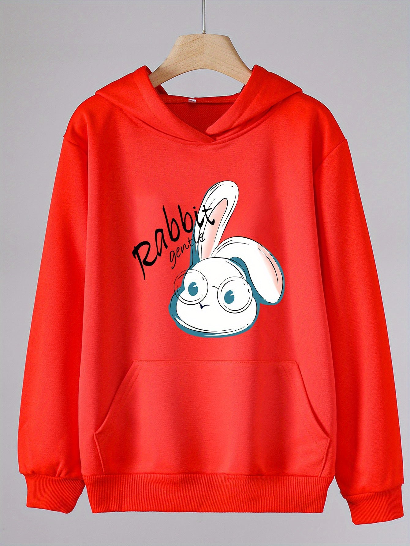 Rabbit Print Hoodie for Girls Kids Casual Pullover Hooded Top