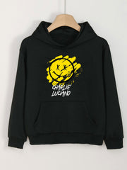 Smile Face Print Hoodie For Girls Kids Casual Pullover Hooded Top