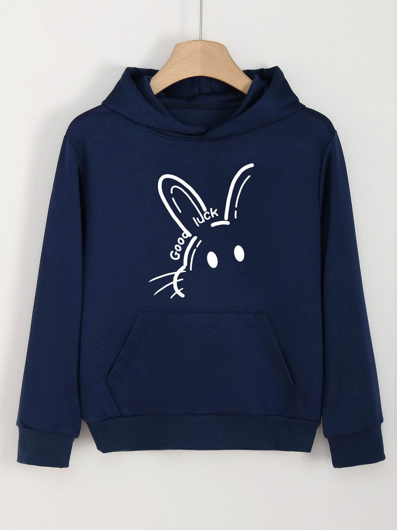 Girls Good Luck Print Hoodie, Casual Long Sleeve Top