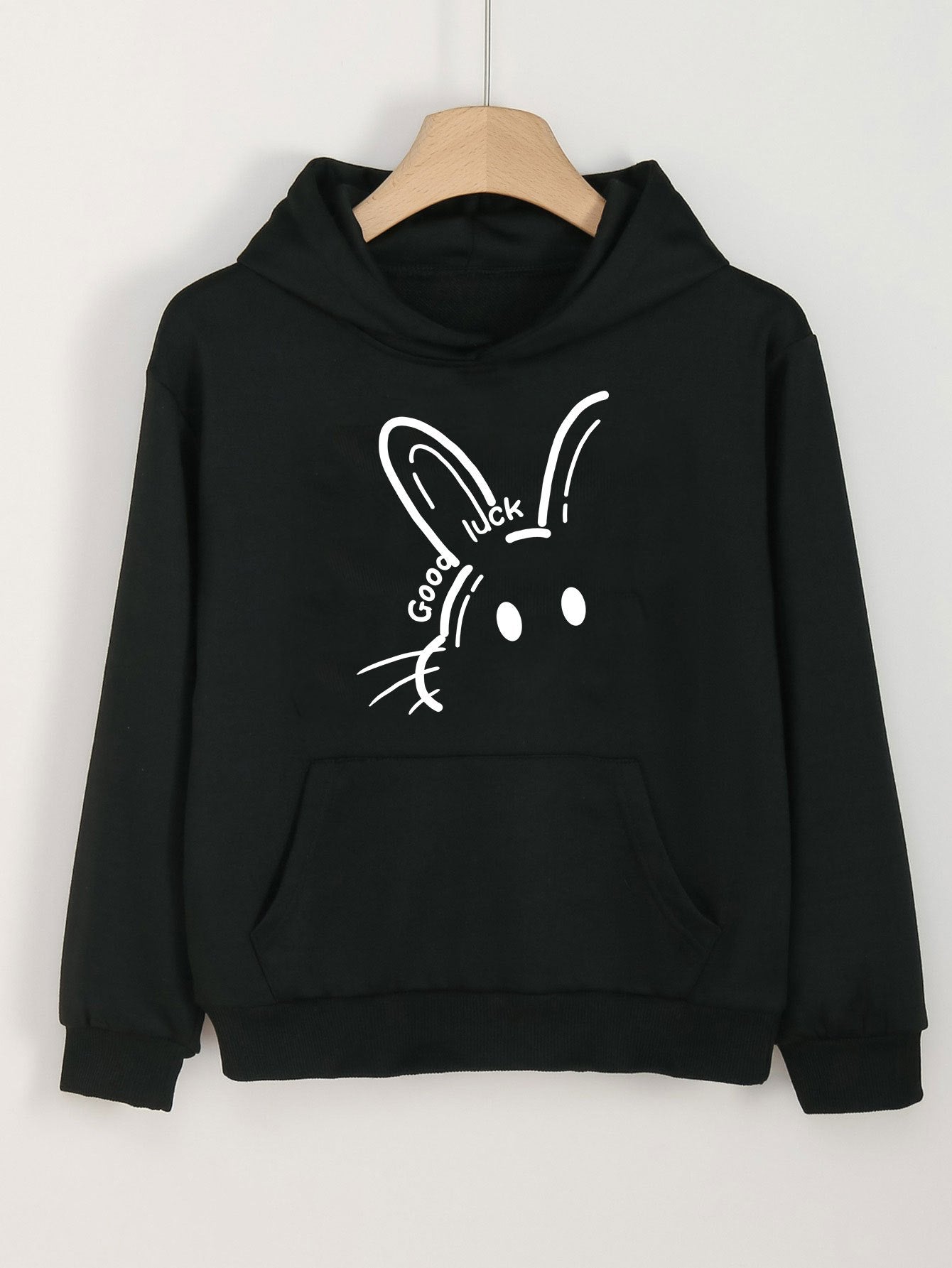 Girls Good Luck Print Hoodie, Casual Long Sleeve Top