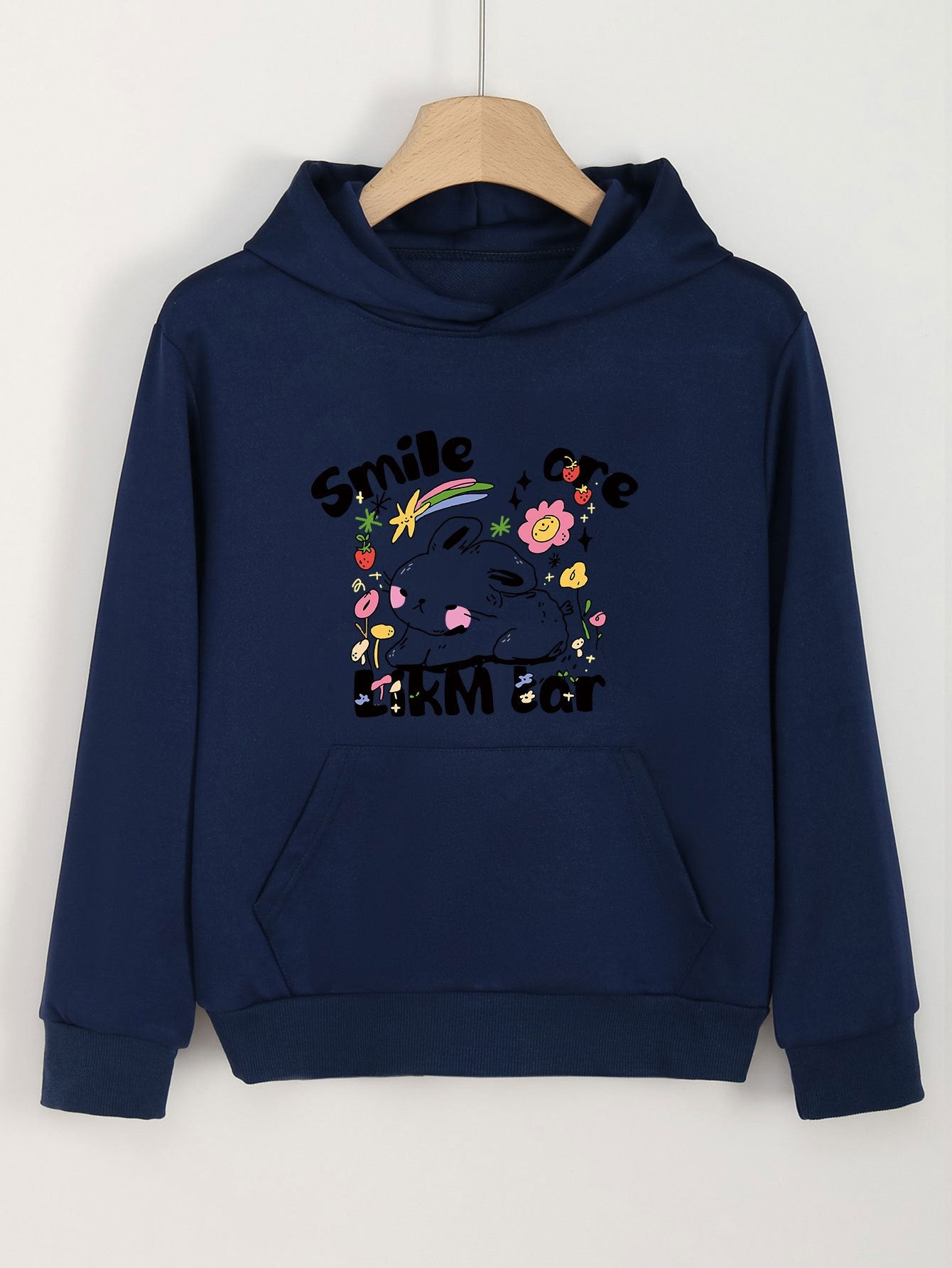 Rabbit Print Hoodie For Girls Kids Casual Pullover Hooded Top