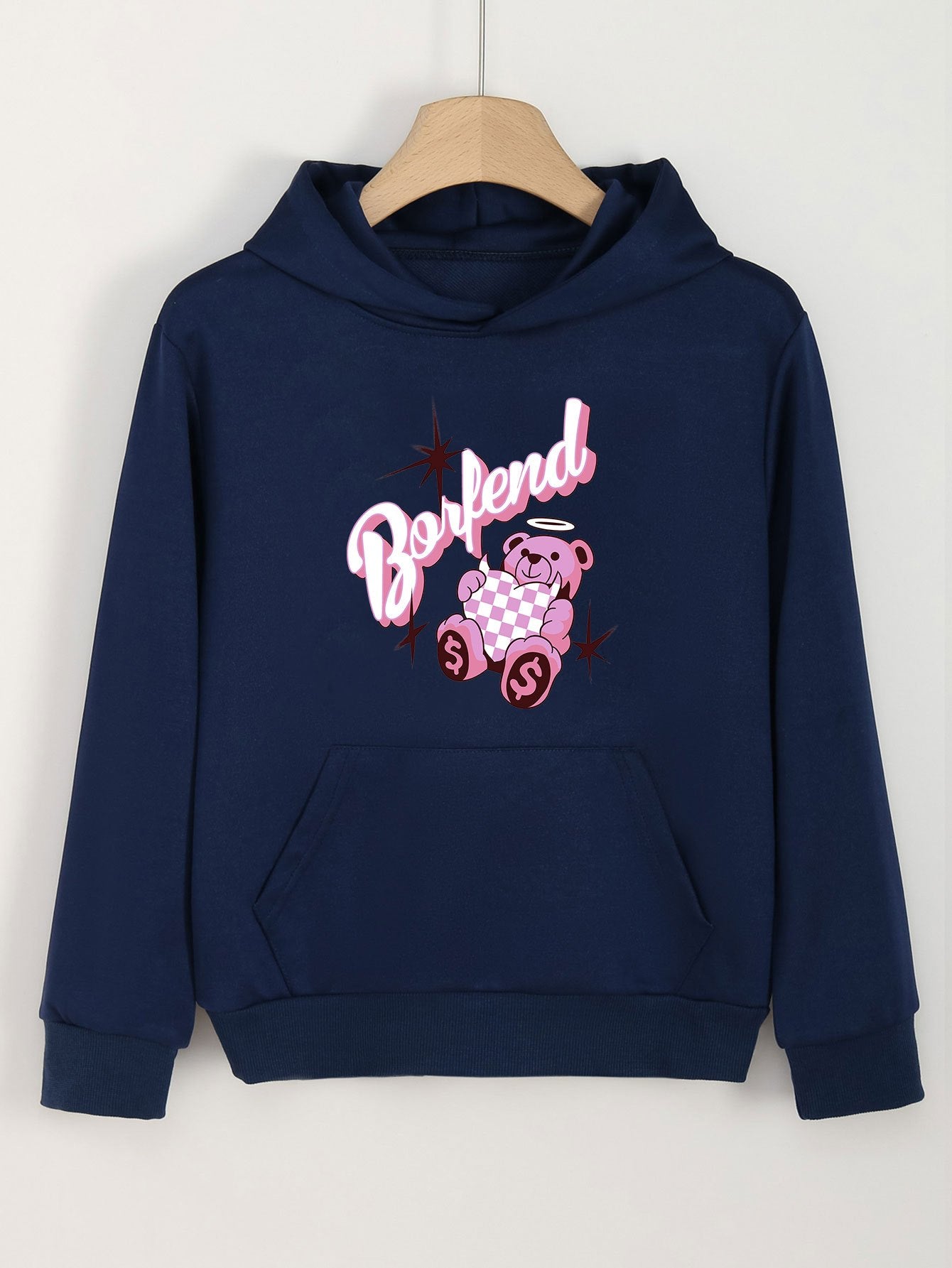 Angel Bear Print Hoodie For Girls Kids Casual Pullover Hooded Long Sleeve Top