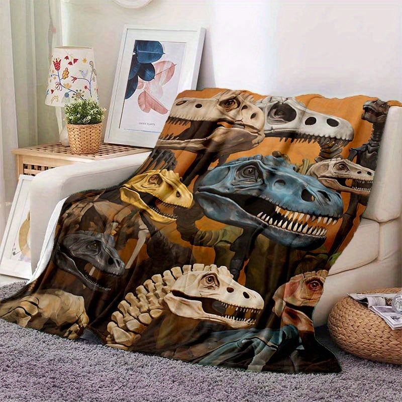 Dinosaur Skull Pattern Camping Blanket Lightweight Flannel Throw