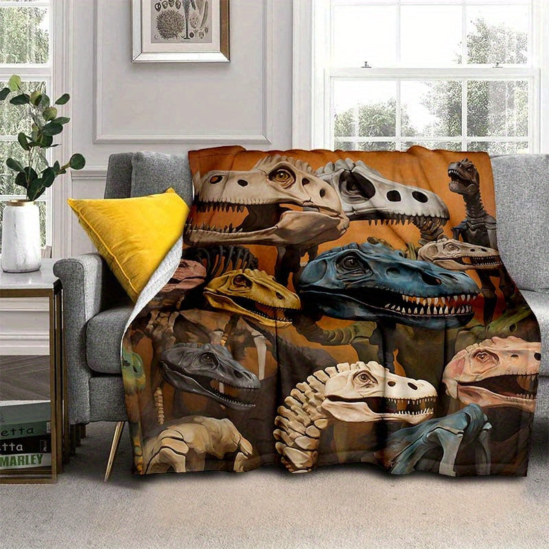 Dinosaur Skull Pattern Camping Blanket Lightweight Flannel Throw