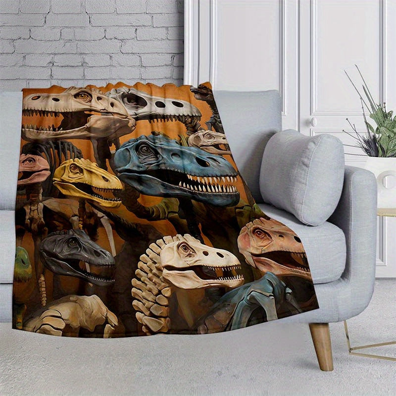 Dinosaur Skull Pattern Camping Blanket Lightweight Flannel Throw