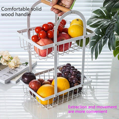 Portable Double Layer Iron Fruit Basket with Wooden Handle