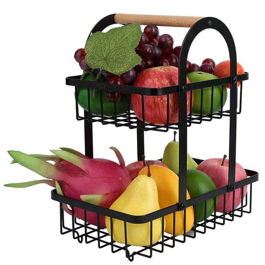 Portable Double Layer Iron Fruit Basket with Wooden Handle