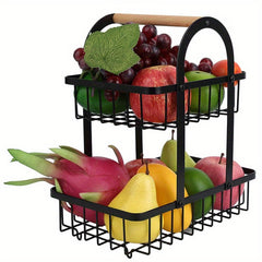 Portable Double Layer Iron Fruit Basket with Wooden Handle