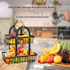 Portable Double Layer Iron Fruit Basket with Wooden Handle