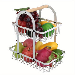Portable Double Layer Iron Fruit Basket with Wooden Handle
