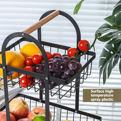 Portable Double Layer Iron Fruit Basket with Wooden Handle