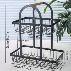 Portable Double Layer Iron Fruit Basket with Wooden Handle