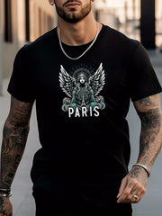 Men's Stylish PARIS Pattern Shirt Casual Crew Neck Short Sleeve Tee Top