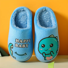 Dino Fleece House Shoes for Boys, Indoor Winter Walking Shoes