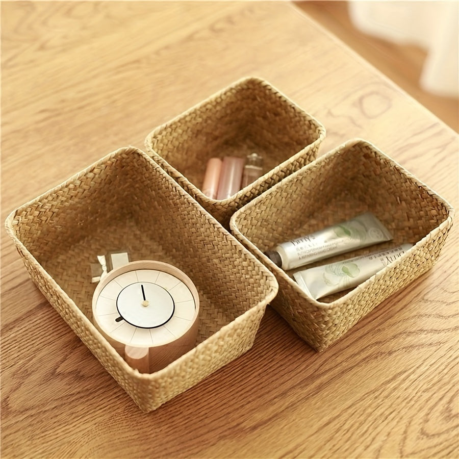 3pcs Natural Plant Woven Storage Baskets for Living Room Bedroom Bathroom