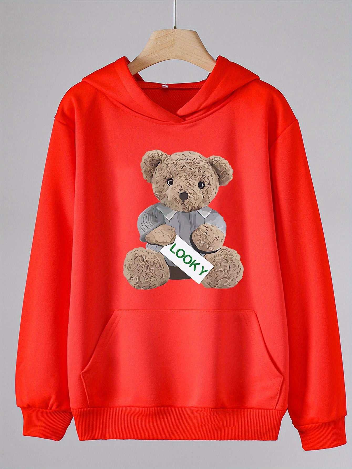 Girls Bear Print Hoodie Kids Casual Pullover Hooded Top