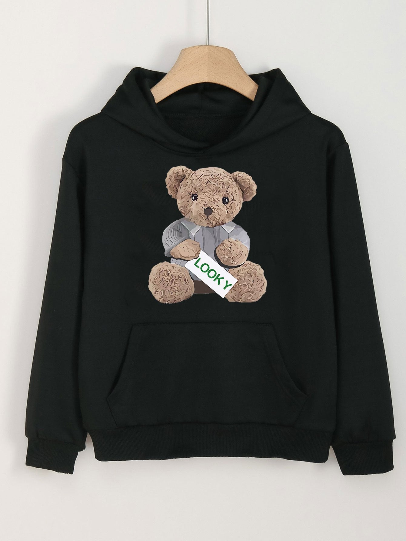 Girls Bear Print Hoodie Kids Casual Pullover Hooded Top